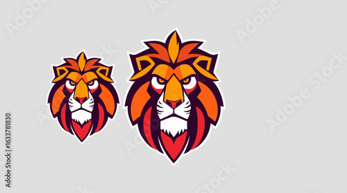 Two stylized lion head logos, one smaller than the other, with orange, red, and purple coloration, fierce expressions.