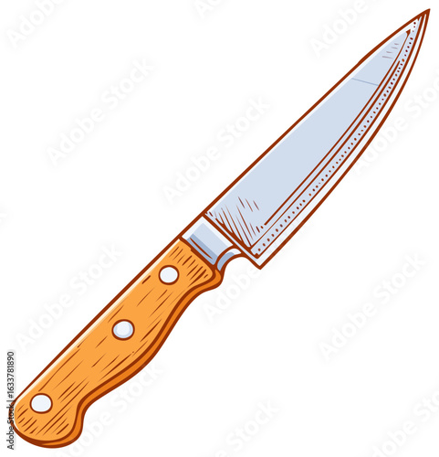 Funny cartoon kitchen knife with wooden handle and sharp steel blade vector illustration