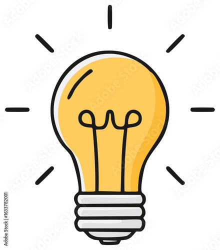 Bright Yellow Lightbulb Shining with Radiating Lines Suggesting Innovation and Illumination
