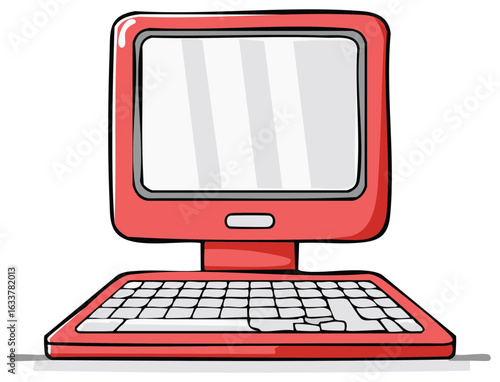 Vibrant red desktop computer cartoon illustration with monitor and keyboard