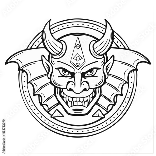 Evil demon face with horns wings and demonic grin inside a circular emblem