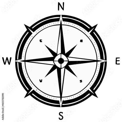 Graphical Compass Rose Illustration: Navigation Tool, Directional Symbol, Black and White Design