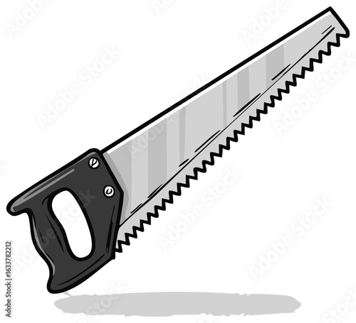 Cartoon illustration of a hand saw with a gray blade and black handle.  Tool for carpentry, woodworking, construction, and do it yourself projects.