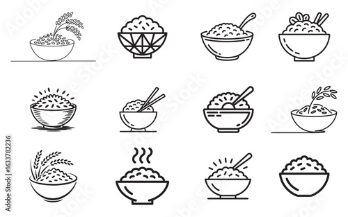 Various bowls of rice with different styles and accompaniments food illustration