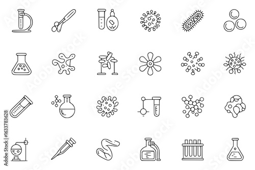 Monochrome science lab icon set: microscope, tweezers, test tubes, flasks, viruses, bacteria, molecules, DNA, syringe, and lab equipment. Line art vector illustration collection for scientific, medica