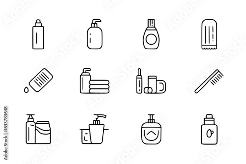 Hygiene essentials icon set: shampoo, soap, lotion, sponge, towels, toothbrush, toothpaste, cup, comb, cosmetics, and other toiletries. Simple black and white line art vector illustrations of bathroom