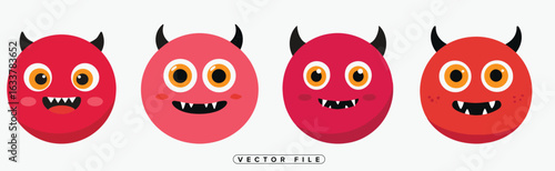Adorable collection of cartoon monster faces with horns and cute smiles for Halloween fun