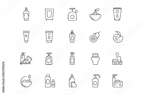 Hygiene essentials icon set: Minimalist line art collection of toiletries, soap, shampoo, lotion, cream, body wash, citrus fruits, and bathroom accessories. Simple vector illustrations for beauty, spa