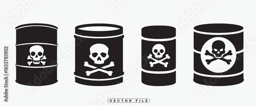 Warning toxic waste barrels with skull and crossbones symbol for safety, hazard, or industrial use