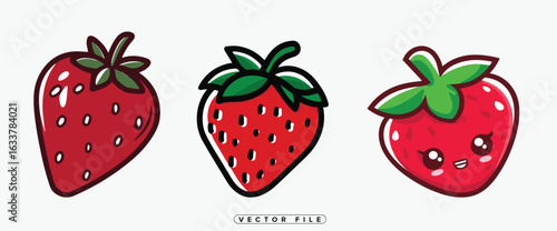 Cheerful strawberry cartoon icons, perfect for summer treats and vibrant designs, adding sweetness