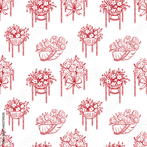 Seamless vector pattern with red flowers, flowerpots and pearl