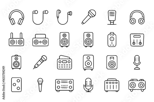 Audio equipment line icon set: headphones, earbuds, microphones, speakers, boombox, amplifier, sound mixer, radio. Vector illustration collection of music and sound system devices, black outlines on w