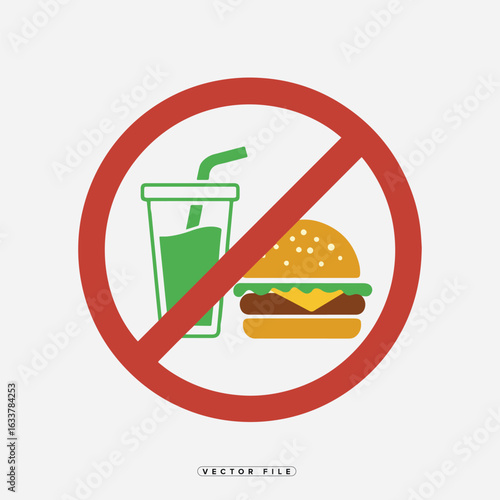 Say no to junk food featuring a burger and drink with a red prohibition symbol for healthy eating