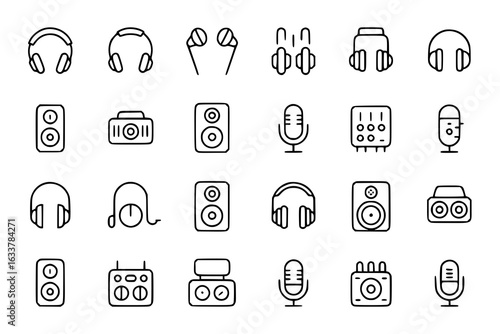 Audio equipment line icon set featuring headphones, earbuds, speakers, microphones, amplifiers, and sound mixers. Minimalist vector illustration collection of music and sound technology symbols in bla