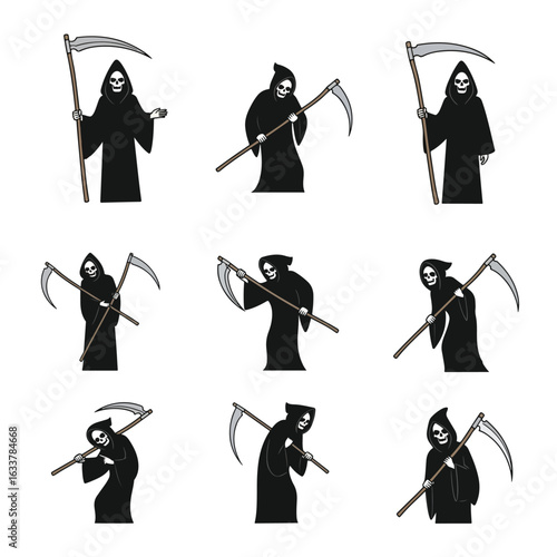 Vector art of grim reaper character collection with scythe isolated on white background