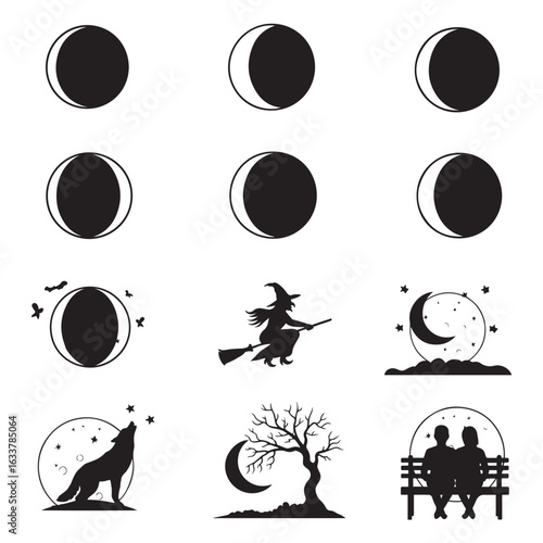 Vector art of collection of moon phases and halloween themed silhouettes isolated on white background