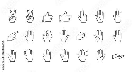 Collection of hand gestures represented as simple black and white line art illustrations icons set