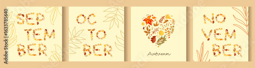 Set of autumn posters with month names. Vector.