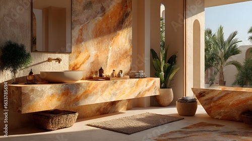 Luxurious bathroom interior with marble surfaces plants and natural light.