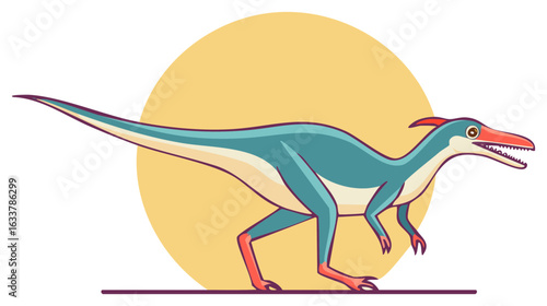 Cartoon Dilophosaurus Dinosaur Walking Vector Illustration on Yellow Background