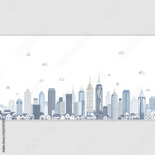 ector banner design for real estate marketing featuring buildings, home icons, and city skyline. Perfect for ads and promotions.