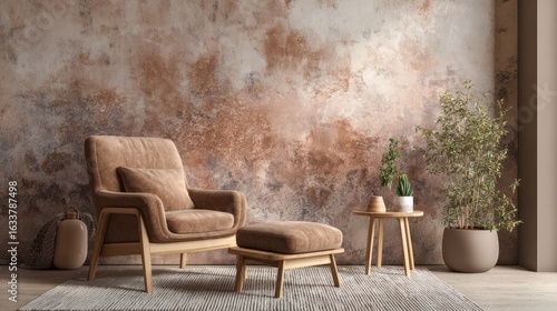 Cozy room with brown armchair and ottoman