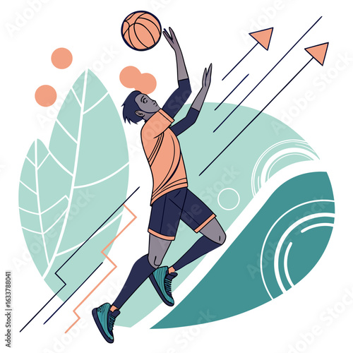 An illustrative icon of a basketball player jumping and about to shoot the ball. It is illustrative and editorial content for use as an icon.


