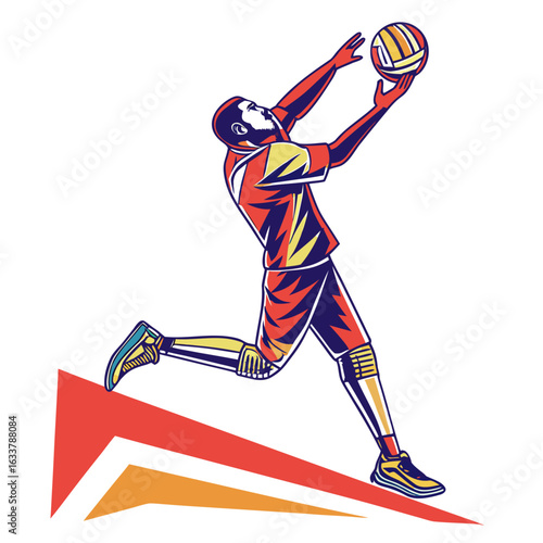 A volleyball player jumps, reaching for a ball with graphic lines behind her. The image has dynamic energy and represents athletic achievement.

