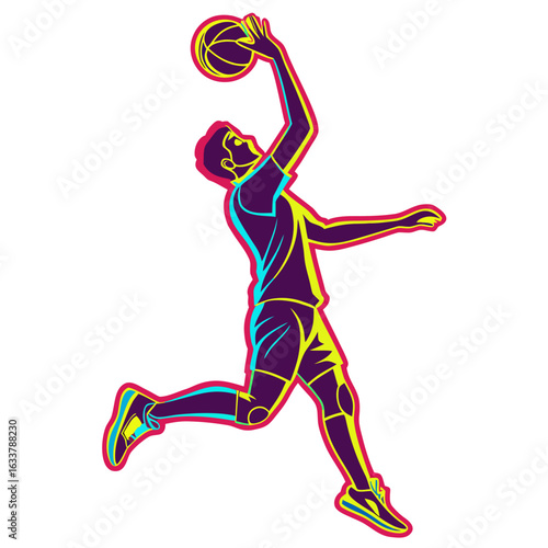 Illustrative icon of a basketball player jumping to make a slam dunk. The player's silhouette is filled with blue and purple with yellow outlines. This icon is being submitted to a collection of "Spor