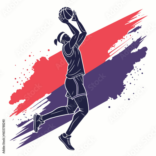 Vector art showing a basketball player jumping mid-shot against a backdrop of abstract red and blue strokes. The image has a sporty and dynamic feel.

