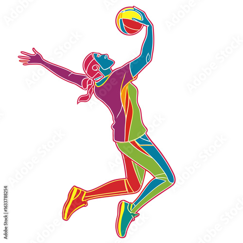 A multicolored vector illustration of a woman leaping and spiking a volleyball. The image is an icon.

