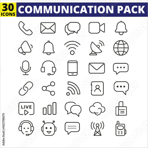 30 Line Style Communication Web Icons Set – Minimalist Outline Vector Symbols for UI/UX