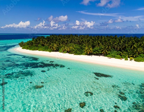 Fototapeta Naklejka Na Ścianę i Meble -  Breathtaking aerial view of a secluded tropical paradise island with a pristine white sand beach surrounded by a turquoise ocean lagoon.