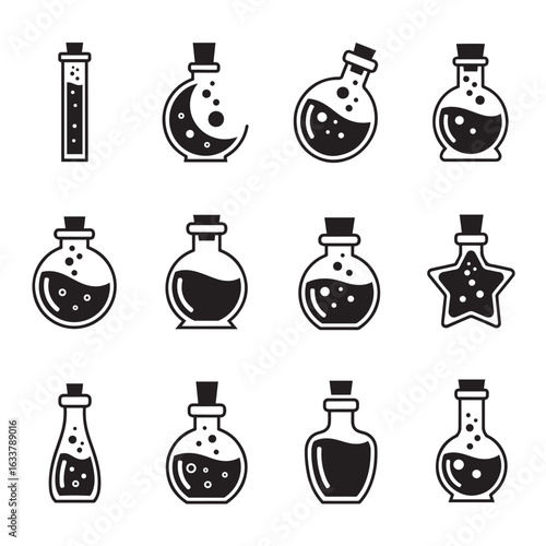 Vector art of collection of various potion bottles and flasks isolated on white background