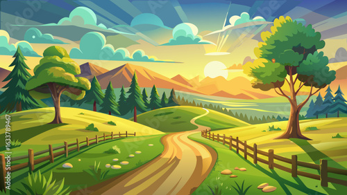 wavy landscape composed of green farmland interspersed with ecological tree belts