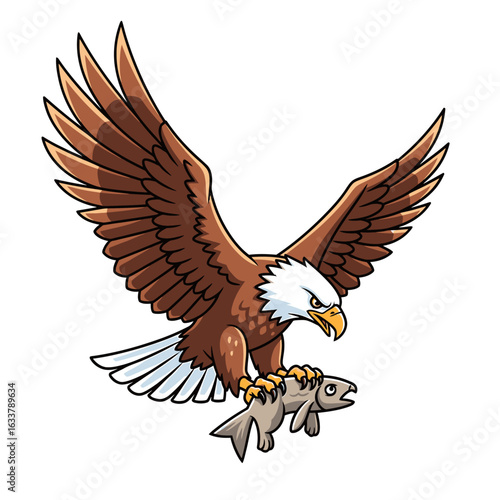 Flying bald eagle catching a fish cartoon