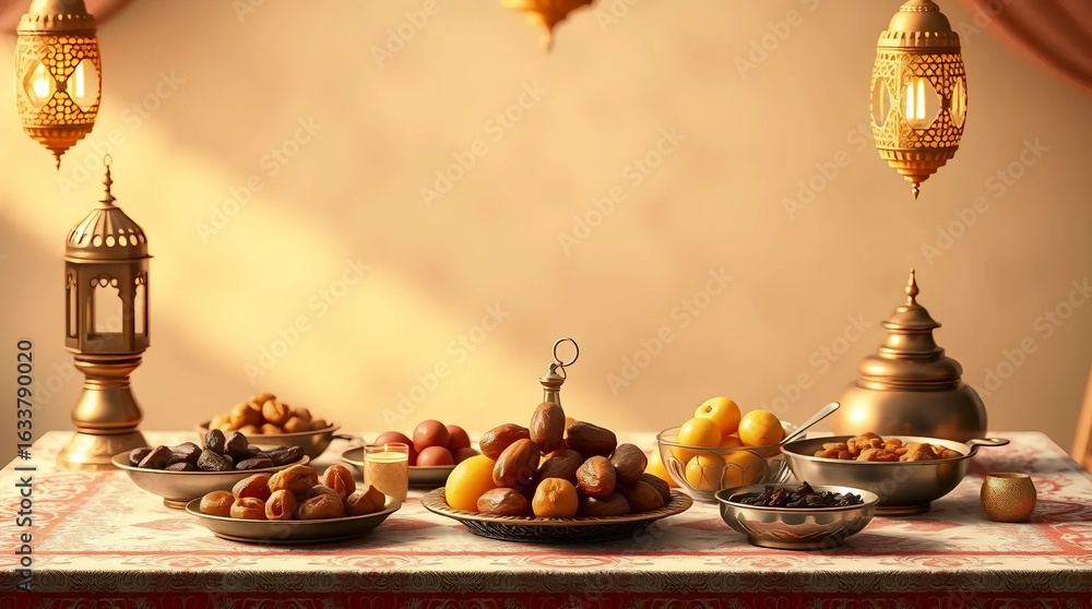 Obraz premium assorted dates and dried fruits on a table under warm lighting, symbolizing ramadan iftar and middle eastern hospitality