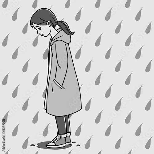 Sad woman walking under rain with bowed head, black and white style symbolizing depression, loneliness, and emotional struggle.

