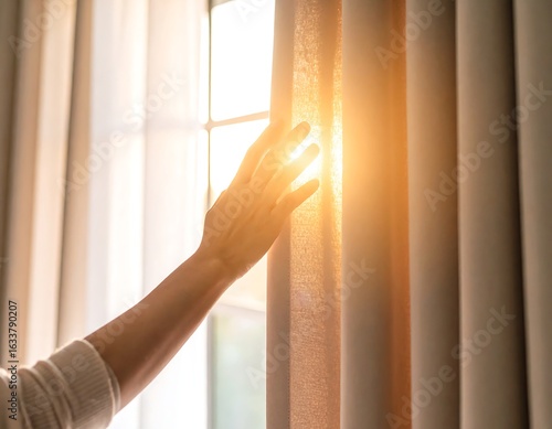 Hand gently opens curtains, sunlight streams through, illuminating the scene