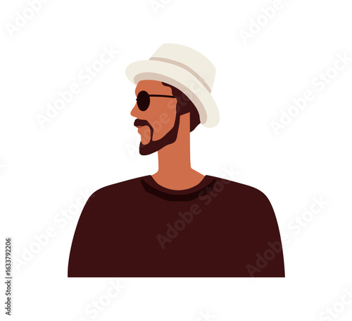 Man in sunglasses, summer hat, profile, side view. Young male character, looking aside with head turned. Stylish guy, emotionless face expression. Flat vector illustration isolated on white background