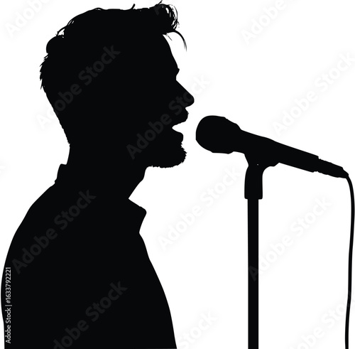 Silhouette of a Man Singing or Speaking into a Microphone on Stand Isolated on White Background
