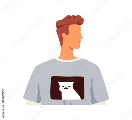 Man in t-shirt with cute funny cat, picture print. Pet lover wearing tshirt, ...