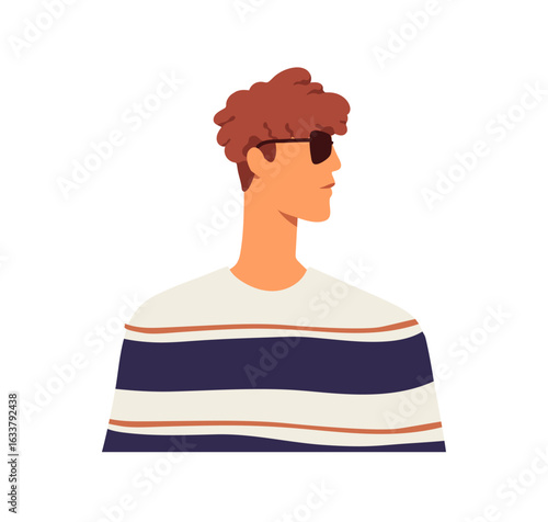 Man profile. Young face in sunglasses, looking aside, head turned to side. Male character in casual clothing, neutral emotion, emotionless glance. Flat vector illustration isolated on white background