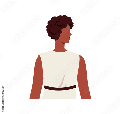Female profile, abstract unemotional face looking aside. Black woman in dress, curly short hair. Young faceless character, head turned to side. Flat vector illustration isolated on white background