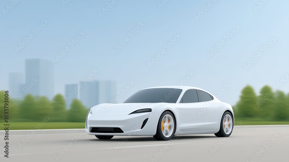 Fototapeta premium Sleek White Electric Car Driving on Urban Roadway