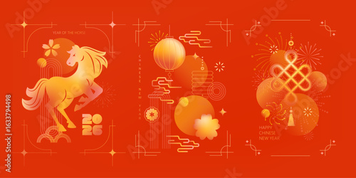 Chinese New Year vector cards.  Lunar new year concept. Geometric modern design with abstract forms, gradients, flower, lantrerns, fireworks. Design for calendar, cover, flyer.