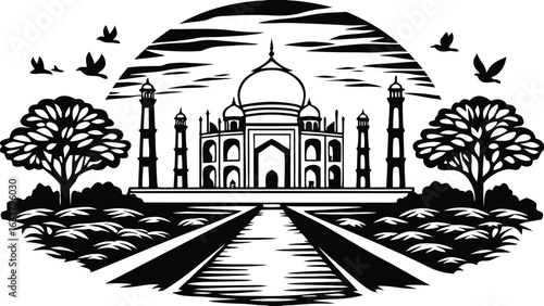 Taj Mahal India vector icon, ancient architecture landmark with dome and temple silhouette