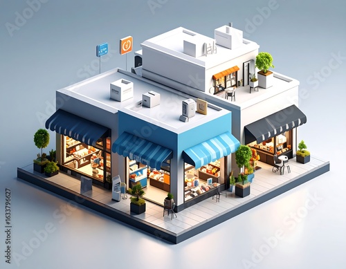 Isometric view of a small shopping plaza at night, with two stores and outdoor seating