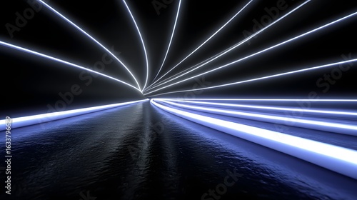 Abstract image of white and blue light trails against a dark background.