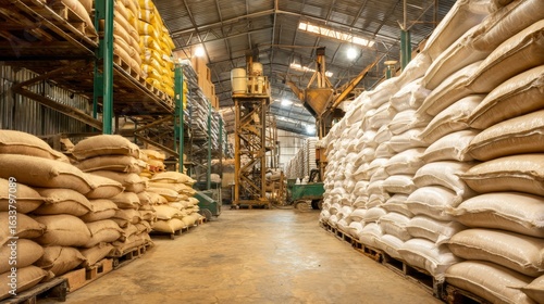A warehouse full of bags of rice and other grains